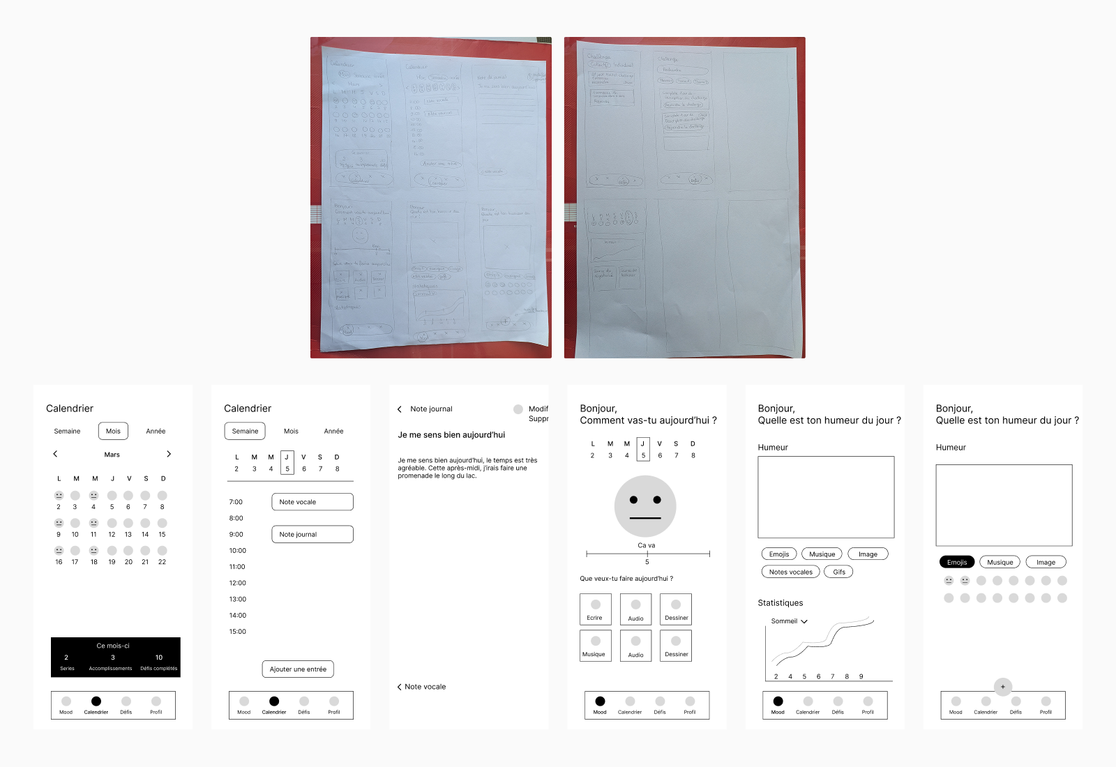 Mes wireframes papier et high-fidélité.