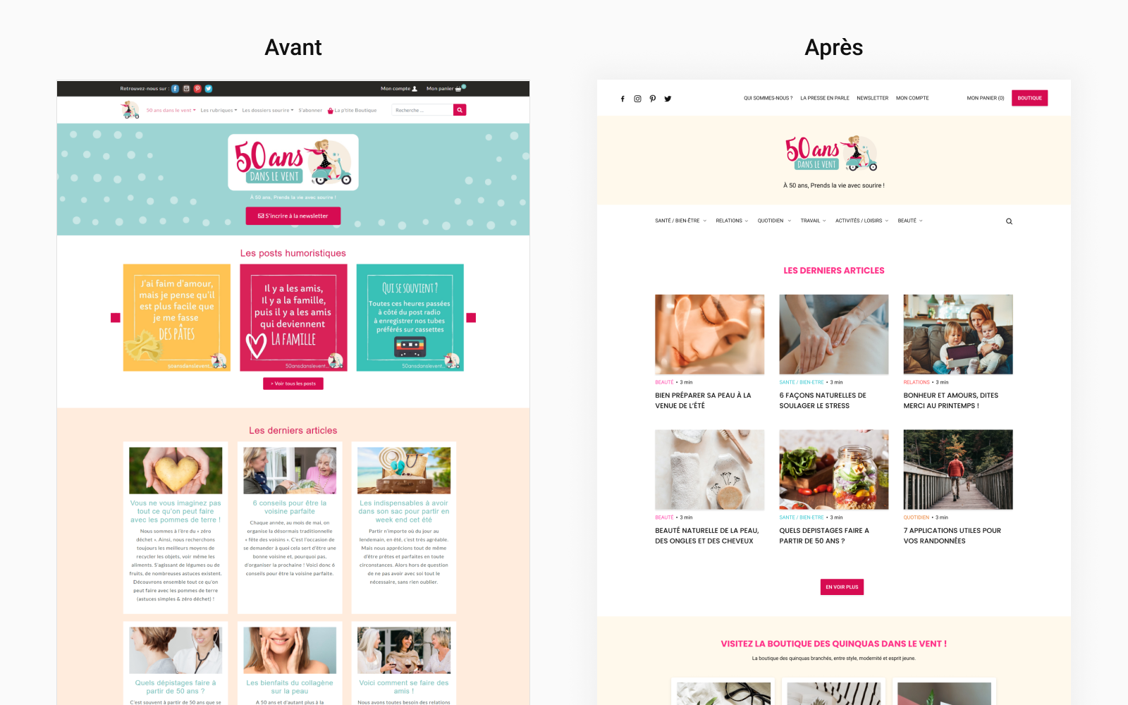 Comparaison Avant et Après du site web.